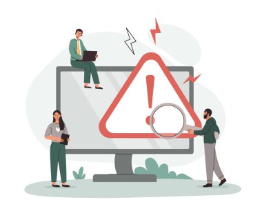 Hata uyarı kavramı. Bilgisayar ekranındaki erkekler ve kızlar, teknik destek, programcılar ve uzmanlar. Yanlış sayfa linki, dijital dünya ve modern teknolojiler. Çizgi film düz vektör çizimi