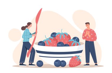 Organik diyet konsepti. Meyve, sebze ve böğürtlen tabağının yanındaki adam ve kadın. Aktif yaşam tarzı ve zindelik, kilo kaybı. Doğal ve organik ürünler. Çizgi film düz vektör çizimi