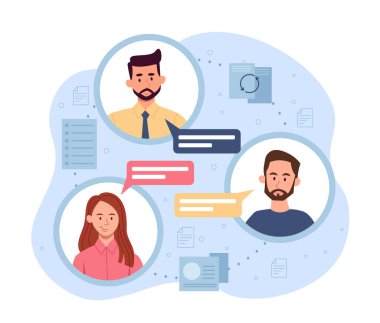 İş akışı yönetim kavramı. Erkekler ve kızlar internetten iletişim kuruyor, modern teknoloji. Ortak çalışma ve ortaklıklar, uzak mesafelere sohbet. Beyin fırtınası. Çizgi film düz vektör çizimi