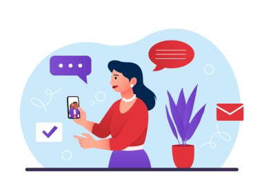 İletişim kavramı. Genç bir kadın video görüşmesinde arkadaşıyla konuşuyor. Modern teknolojiler ve sosyal ağlar. Meslektaşlar, ortaklar, uzaktan çalışan. Çizgi film düz vektör çizimi