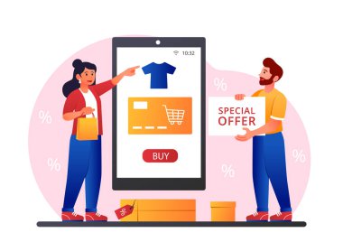 Online satış konsepti. Erkek ve kız kıyafetlerini akıllı telefondan seçiyor. Düzen ve modern teknolojiler, eve servis. Moda, tarz, alışveriş ve nakitsiz para transferleri. Çizgi film düz vektör çizimi