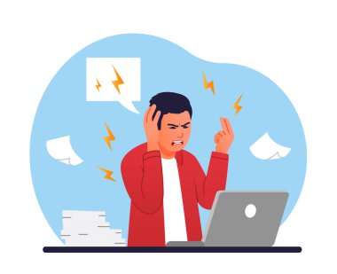 İşyerinde acı çeken bir adam. Genç adam öfkeyle kağıtları fırlatıyor. Dizüstü bilgisayarda fazla çalışan, duygusal çöküntü. Baskı ve stres, panik. Hasta ve yorgun biri. Çizgi film düz vektör çizimi