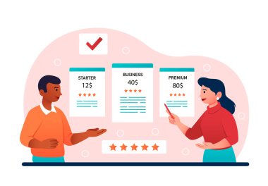 Üç gümrük tarifesi. Erkek ve kız şirketlerin teklifleri arasında seçim yaparlar, karakterler ihtiyaçları olan işlevleri seçerler. Promosyon teklifleri, insanlar iş tekliflerini seçiyor. Çizgi film düz vektör çizimi