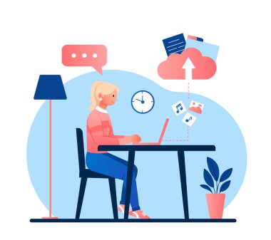 Kadın dosyaları yüklüyor. Bilgisayardaki Grl evden çalışıyor. Uzaktan çalışan ya da serbest çalışan, bulut depolama ve bilgi paylaşımı. Modern teknolojiler ve dijital dünya. Çizgi film düz vektör çizimi