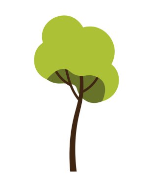 Yeşil Ağaç simgesi. Üzerinde kahverengi dalları ve yuvarlak taç şeklinde genç orman bitkisi olan çıkartma. Organik tasarım. Çevre ve doğa. Çizgi film düz vektör çizimi beyaz arkaplanda izole edildi