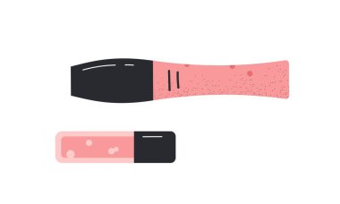 Güzellik kozmetik ürün ikonu. Makyaj malzemeli çıkartma ya da yüz için dekoratif makyaj malzemesi. Dudak parlatıcısı ve rimel tüpleri. Ağ için tasarım. Çizgi film düz vektör çizimi beyaz arkaplanda izole edildi