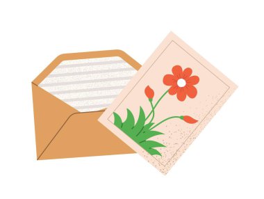 Posta konseptiyle zarf. Zarfı mektupla ve çiçekli parlak kartpostalla aç. Haberleşme ya da geziden haberler. Posta servisi. Çizgi film düz vektör çizimi beyaz arkaplanda izole edildi