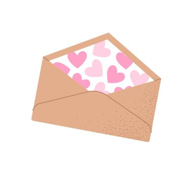 Posta konseptiyle zarf. Zarfta pembe kalpler ve aşk mektupları olan güzel bir kartpostal var. Posta servisi ya da iletişim. Çizgi film düz vektör çizimi beyaz arkaplanda izole edildi