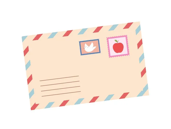 包裹邮件的概念 制作附有度假信件或明信片 邮票和收件人地址的信封 邮政服务 在白色背景上孤立的卡通平面矢量图解 — 图库矢量图片