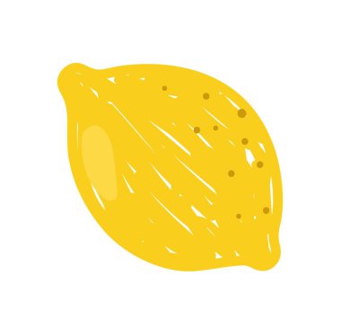 Renkli yemek etiketi. Ekşi sarı limonlu el çizimi bir ikon. Vitaminli ve mineralli meyve suyu. Olgun ve taze malzeme. Çizgi film düz vektör çizimi beyaz arkaplanda izole edildi