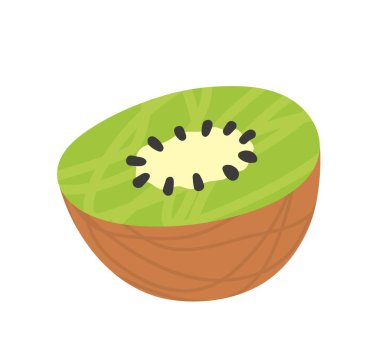 Renkli yemek etiketi. Elle çizilmiş sulu kivinin yarısı. Taze olgun egzotik meyve. Vitaminli ve mineralli lezzetli bir ürün. Çizgi film düz vektör çizimi beyaz arkaplanda izole edildi