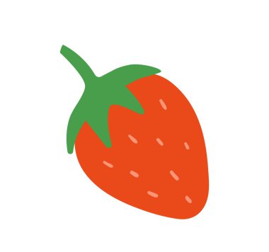 Renkli yemek etiketi. Elle çizilmiş ikon ve olgun lezzetli çilekler. Vitaminli ve mineralli meyve suyu. Sağlıklı beslenme. Çizgi film düz vektör çizimi beyaz arkaplanda izole edildi