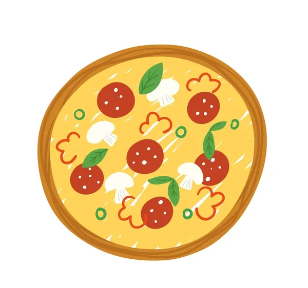 다채로운 스티커 페퍼로니와 맛있는 피자와 손으로 아이콘 이탈리아 패스트 배경에 — 스톡 벡터
