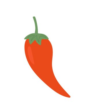 Renkli yemek etiketi. Kırmızı kırmızı biberli parlak ikon ya da kırmızı biberli. Pişirmek için taze sebze. Meksika mutfağı. Çizgi film düz vektör çizimi beyaz arkaplanda izole edildi
