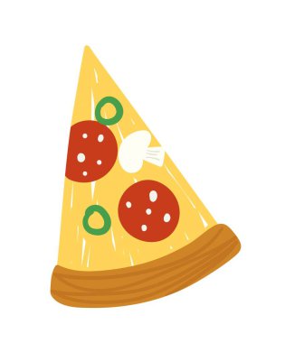 Renkli yemek etiketi. Lezzetli dilimlenmiş pizzayla el çizimi bir ikon. İtalyan mutfağı. Sebzeli ve sosisli fast food. Çizgi film düz vektör çizimi beyaz arkaplanda izole edildi