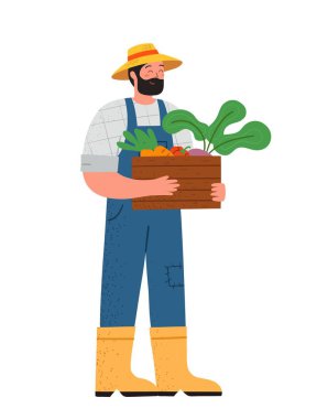 Çiftçilik ve tarım kavramı. Üniformalı gülen erkek çiftçi ya da bahçıvan olgun sebze ve meyve sepeti tutuyor. İş ve hasat. Çizgi film düz vektör çizimi beyaz arkaplanda izole edildi