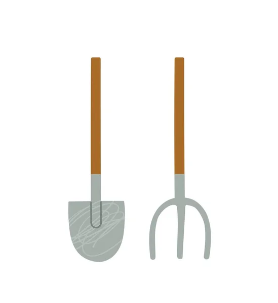 农业和农业概念 带木柄的金属铲子和叉子或耙 在花园或农场工作的设备和工具 在白色背景上孤立的卡通平面矢量图解 — 图库矢量图片