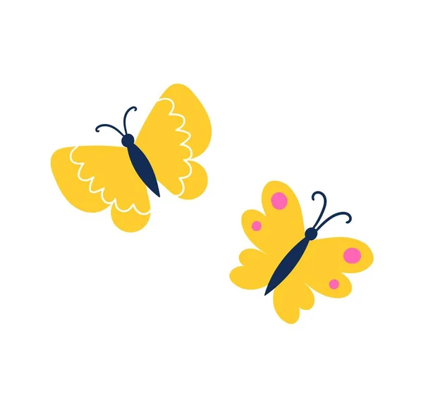 可爱蝴蝶的概念 美丽的昆虫 有明亮的黄色翅膀 有图案和线条 野生动物 复活节图案的设计 在白色背景上孤立的卡通平面矢量图解 — 图库矢量图片