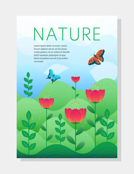 Natur Und Landschaftskonzept Frühlingsposter Mit Blumen Schmetterlingen Grünem Gras Warmem — Stockvektor