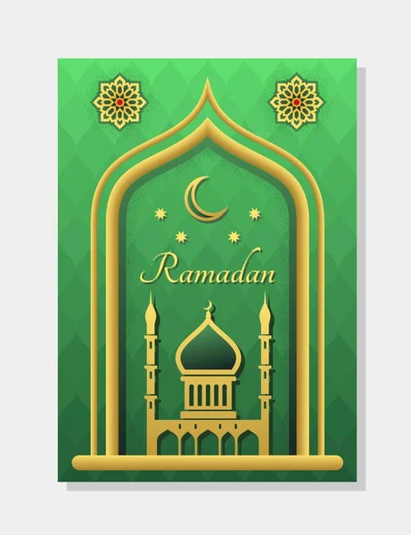 Ramadan Kareem Concept Beautiful Green Islamic Greeting Card Mosque Traditional — Stock Vector