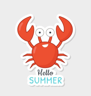 Yaz tatili çıkartması. Sevimli gülümseyen yengeç, pençeler ve yazıtlı parlak bir ikon. Deniz eklembacaklısı. Tatil ya da denizde rahatlama. Çizgi film düz vektör çizimi bej arkaplanda izole edildi