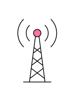 Ses yayını servis ekipmanı simgesi. Dijital dalga ve sinyalleri iletmek için yüksek kuleye sahip çıkartma. Canlı yayınlar için ekipman. Çizgi film düz vektör çizimi izole edilmiş beyaz arkaplan