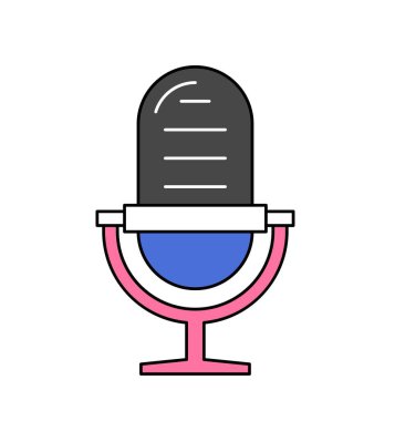 Ses yayını servis ekipmanı simgesi. Çevrimiçi radyo stüdyosunda ses kaydı ya da podcast için masaüstü mikrofonu. Canlı yayın için bir cihaz. Çizgi film düz vektör çizimi izole edilmiş beyaz arkaplan