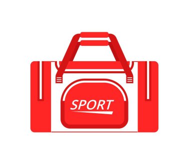 Çeşitli spor aletleri. Spor giyim ve spor salonunda spor yapmak için kırmızı çantalı çıkartma. Fitness envanteri, spor aksesuarları. Sağlıklı bir yaşam tarzı. Çizgi film düz vektör çizimi beyaz arkaplanda izole edildi