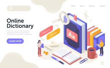 Çevrimiçi sözlük hizmeti kavramı. Erkek ve kadın büyük dilbilimsel kitabın yanında duruyor ve dilleri öğreniyor. İnternetteki kelimelerin tercümanı. İniş sayfası tasarımı. Karikatür izometrik vektör çizimi