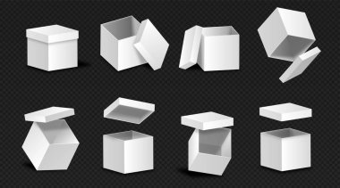 Gerçekçi kutu seti. Sosyal medya, reklam sayfası ya da web sitesi afişi için çıkartma koleksiyonu. Düzenli müşteriler için özel bir teklif. Isometric vektör çizimleri koyu arkaplanda izole