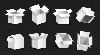 Gerçekçi kutu seti. Ürünleri taşımak için ambalaj koleksiyonu. Küreselleşme ve uluslararası ticaret, eve kurye teslimatı. Siyah arkaplanda izole edilmiş Isometric vektör çizimleri