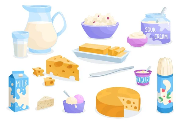 Satz Milchprodukte Sticker Mit Milch Käse Butter Sahne Eis Und — Stockvektor