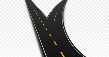 Yol ayrımı. Çatallı yol, asfalt şerit. Yönünü ve seçimini değiştir. Trafik yaratmak için inşaat elemanı. Arabalar ve diğer araçlar. Gerçekçi izometrik vektör çizimi