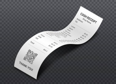 Isometric nakit makbuzu. Süpermarketten gelen bükülmüş fatura. Günlük ev işleri ve rutin, maliyet tahmini. İndirim ve özel teklifler. Web sitesi için reklam unsurları. Gerçekçi vektör illüstrasyonu