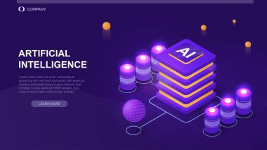 Büyük veri işleme konsepti. Bilgi depolamak ve göndermek için yapay zeka veya dijital veritabanı. Yazılım yönetimi için sunucu odası. İniş sayfası. Neon izometrik vektör çizimi