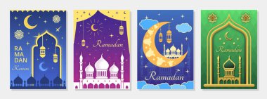 Ramazan Kareem konsepti. Müslüman ya da İslami bayramın olduğu bir dizi dini tebrik kartı. Sosyal ağlar için poster ya da tasarım unsurları. Çizgi film düz vektör koleksiyonu beyaz arkaplanda izole edildi