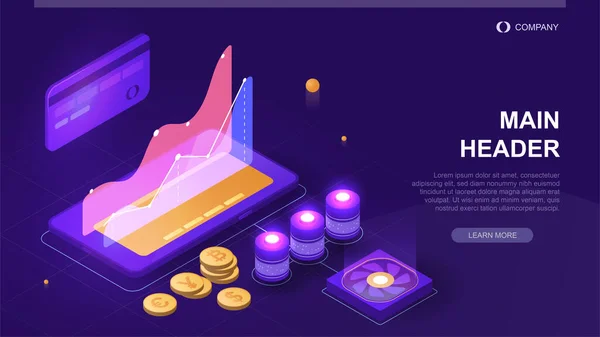 Cryptocurrency Blockchain Concept Landing Page Smartphone Farm Mining Digital Money — Stock Vector