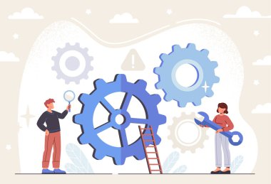 Teknik destek servisi. Aletleri olan erkek ve kadın, ingiliz anahtarı ile sorun çıkaran, arızaları tamir eden ve ekipmanla sorunları çözen. Ayarlar ve geliştirmeler. Çizgi film düz vektör çizimi