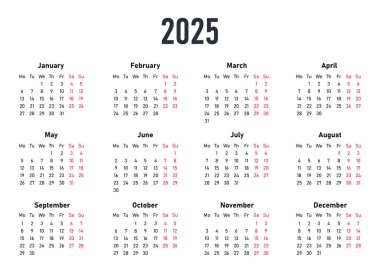 Beyaz Takvim 2025. Mevsimler ve aylar, web siteleri ve uygulamalar için şablon. Programlar, zaman yönetimi ve programlama için arayüz. İş görüşmelerinin yapılacağı yer. Çizgi film düz vektör çizimi