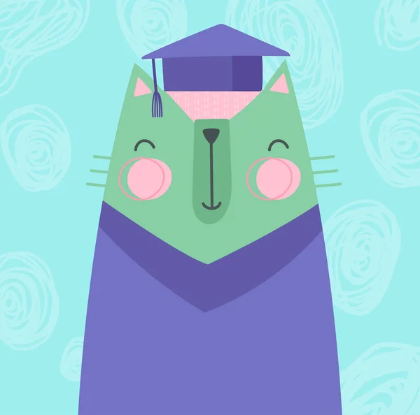 Colorful Cute Cat Green Pet Graduation Cap Successful Student Young — Stock Vector