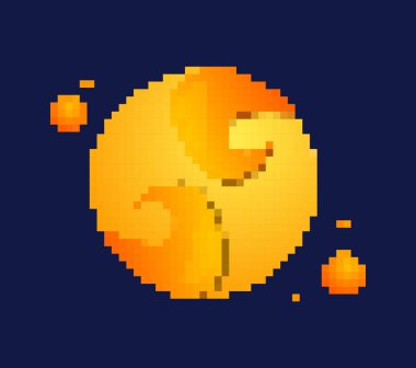 Piksel güneş konsepti. Galaksi ve sistemde kozmik cisimler. Uzay ya da evrendeki en parlak yıldız, sıcak. Bilim, astronomi ve astroloji. Sosyal ağlar için etiket. Çizgi film düz vektör çizimi