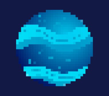 Piksel gezegen konsepti. Geçmişe dönük sosyal medya etiketi. Uzayda mavi uydu, farklı galaksilerin ve evrenlerin keşfi. Bilimsel yenilik. Çizgi film düz vektör çizimi