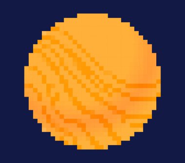 Piksel gezegen konsepti. Geçmişe dönük sosyal medya etiketi. Turuncu uydu, 8 bit oyun için eski grafik elementler. Astronomi ve astroloji, galaksi ve evren. Çizgi film düz vektör çizimi