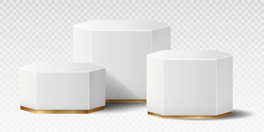 Gerçekçi mermer podyum. Ürün sunumu için beyaz alışılmadık şekillerin ve çokgenlerin toplanması. Müşteriler için satış ve özel teklifler, internet sitesi için afiş veya poster. İzometrik vektör illüstrasyonu