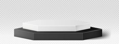 Gerçekçi mermer podyum. Beyaz ve siyah çokgen kaidesi. İnternet sitesi afişi, indirimler ve kullanıcılar için özel teklifler, İnternet 'te modern pazarlama. İzometrik vektör illüstrasyonu