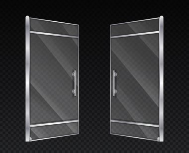 Cam kapı açıldı. Ofise giriş ya da çıkış, süpermarket, alışveriş merkezi ya da mağaza. Dış görünüş ve gösteriş, lüks iç veya dış unsurlar, mimari. Gerçekçi izometrik vektör çizimi