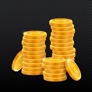 Altın para yığını. Dolar ve para, yatırım ve finansal okur-yazarlık. Bütçenin hesaplanması ve gelir ve giderlerin analizi. Web sitesi için poster. Gerçekçi izometrik vektör çizimi