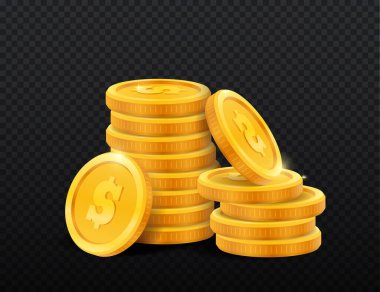 Altın para yığını. Piyango için grafiksel elementler. Finansal okuryazarlık ve bütçe. Web sitesi için gelir ve gider tahmini, analitik ve bilgi grafikleri. Gerçekçi izometrik vektör çizimi