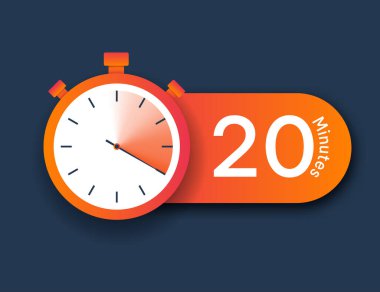 Kronometre simgesi 20 dakika. Zaman yönetimi ve son teslim tarihleri. Çalışkan çalışanlar, liderlik ve motivasyon. Uygulamalar ve programlar geliştirmek için grafiksel elementler. Çizgi film düz vektör çizimi