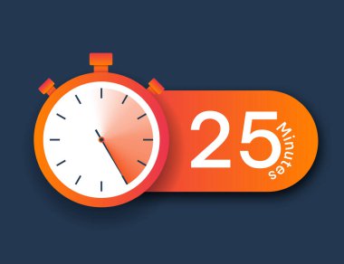Kronometre simgesi 25 dakika. Zaman yönetimi ve son teslim tarihleri. Web sitesi, zamanlayıcı ve çalışkan çalışanlar için grafiksel öğeler. Çizgi film düz vektör çizimi